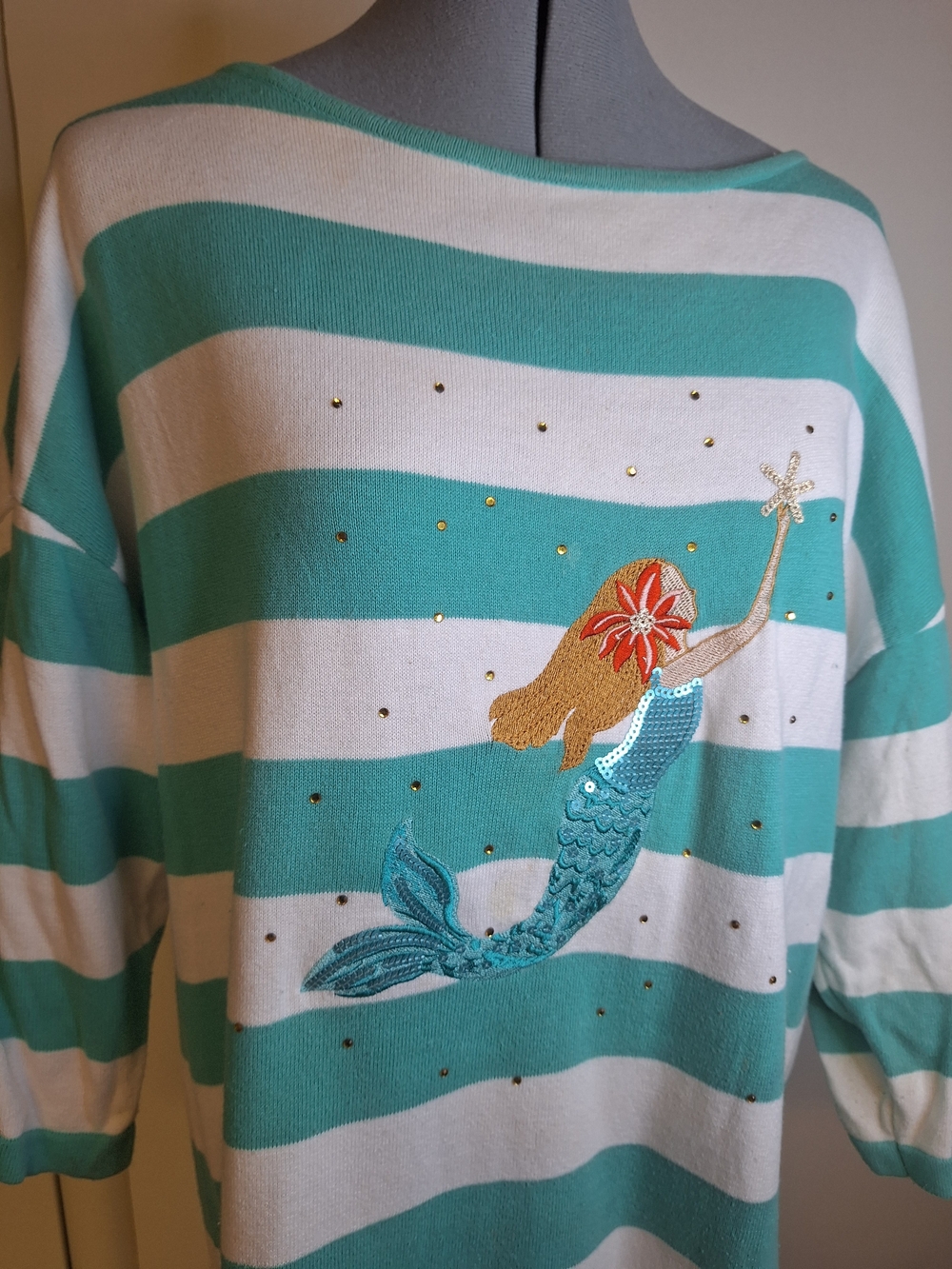 Striped Turquoise & White Mermaid Tunic Top W/ Sequins & Rhinestones Sz XL